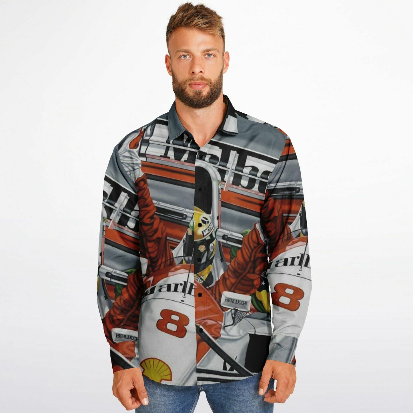 F1 Win Poster Long Sleeve Button Down Shirt - AOP