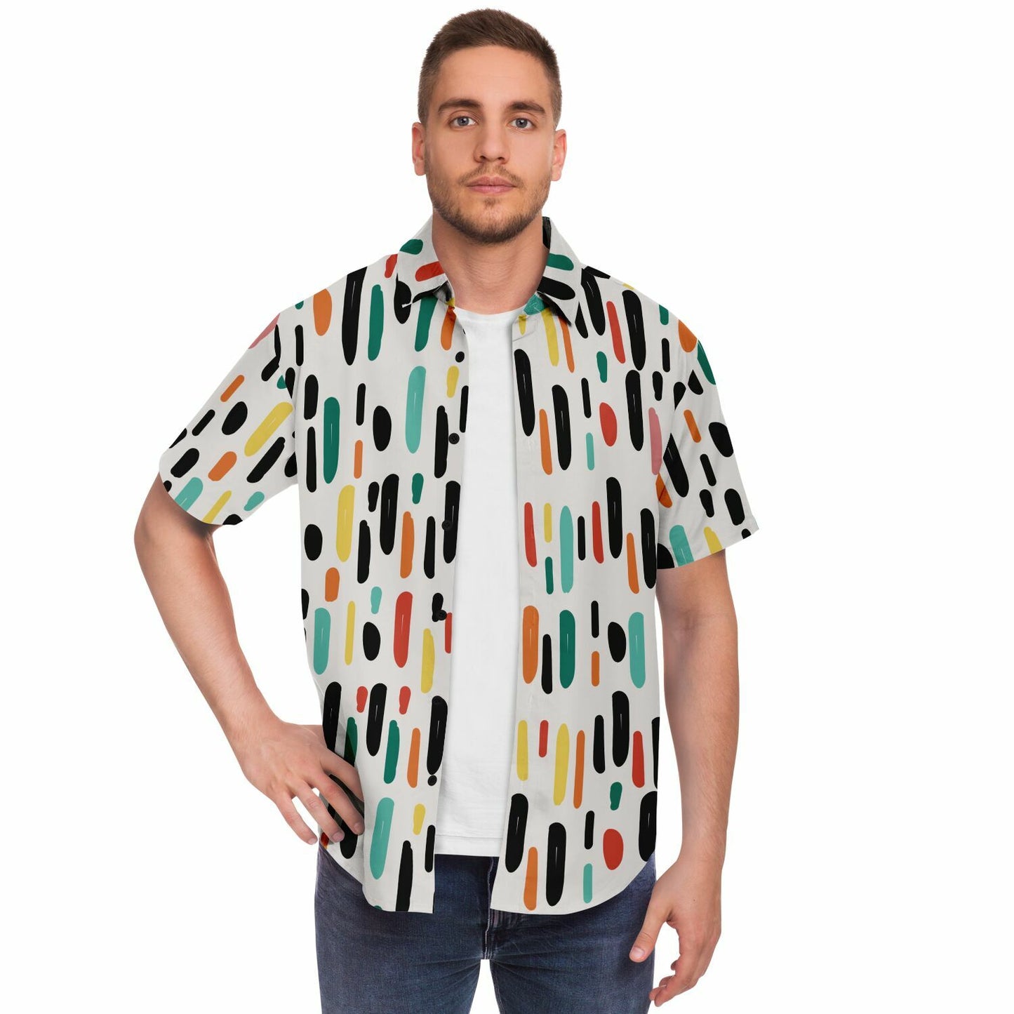 Colored Brush Strokes Abstract Short Sleeve Button Down Shirt - AOP