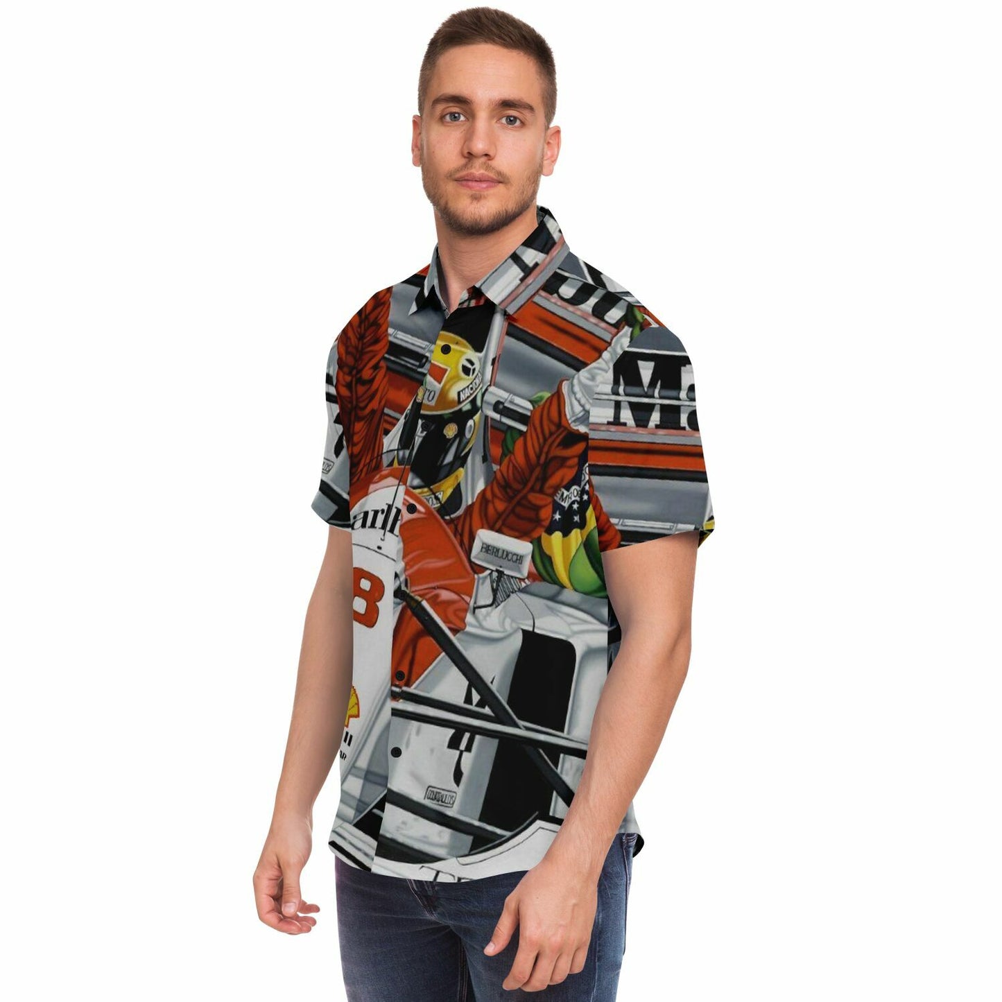 F1 Win Poster Short Sleeve Button Down Shirt - AOP