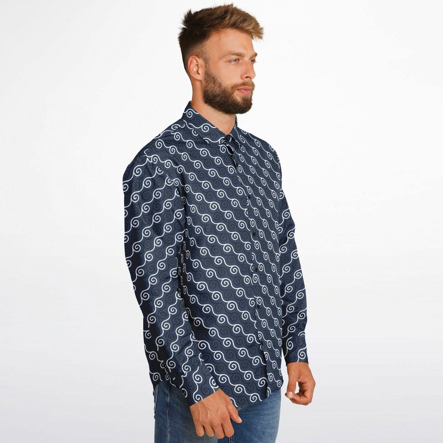 Linen Texture Print Long Sleeve Button Down Shirt - AOP