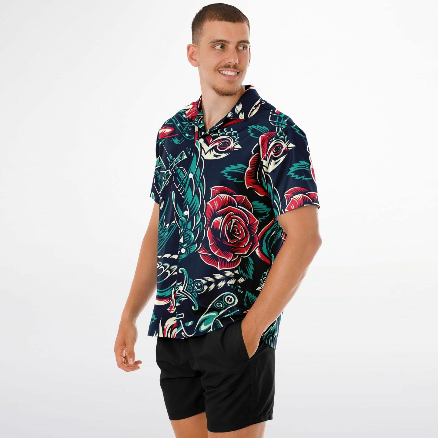 Floral Pattern Spread Collar Short Sleeve Shirt