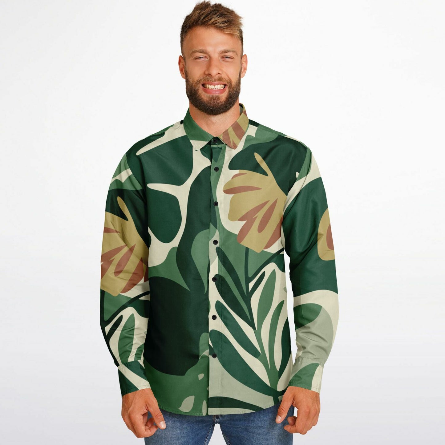 Floral Pattern Long Sleeve Button Down Shirt - AOP