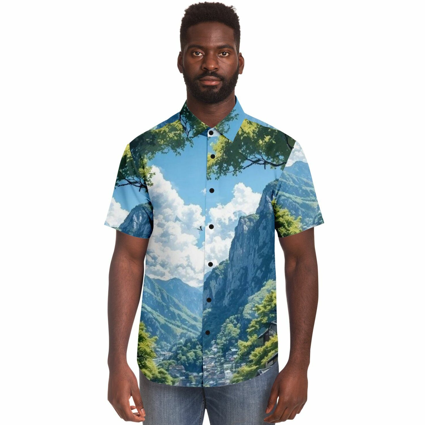 GTR in Japanese Mountains Short Sleeve Button Down Shirt - AOP