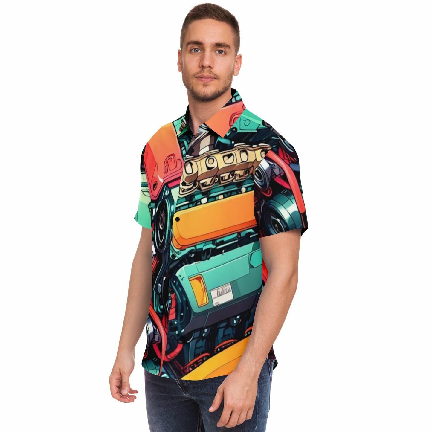 Engine illustration Short Sleeve Button Down Shirt - AOP