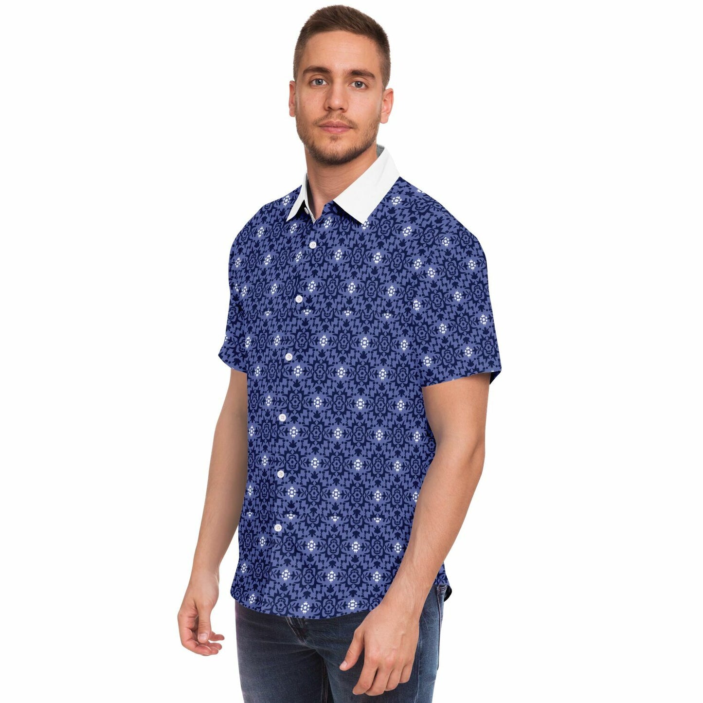 Purple Floral Seamless Pattern Short Sleeve Button Down Shirt - AOP
