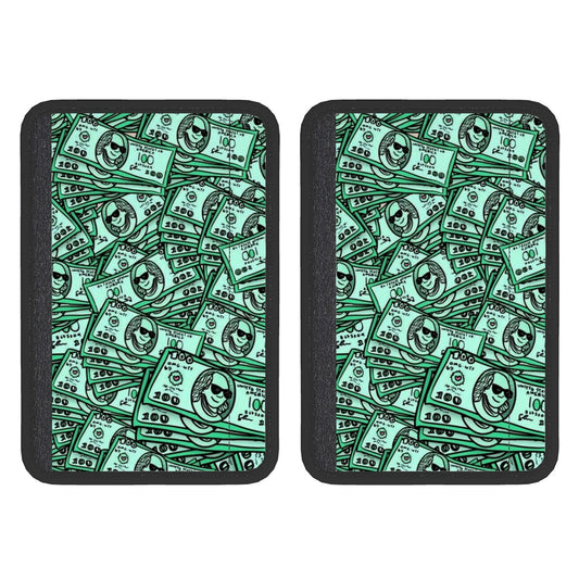Two rectangular neoprene seat belt cover pads with a green dollar bill pattern on a black background.