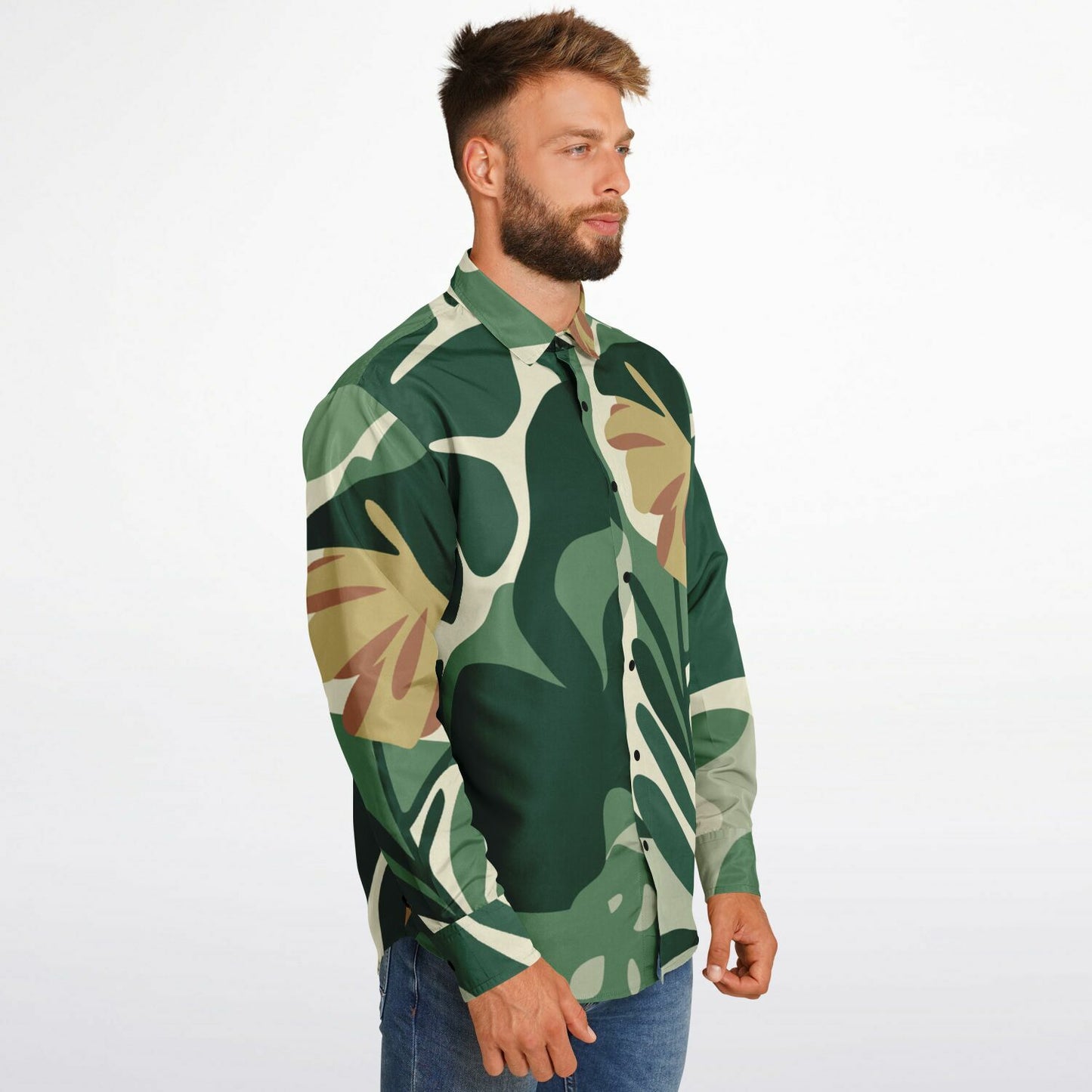 Floral Pattern Long Sleeve Button Down Shirt - AOP