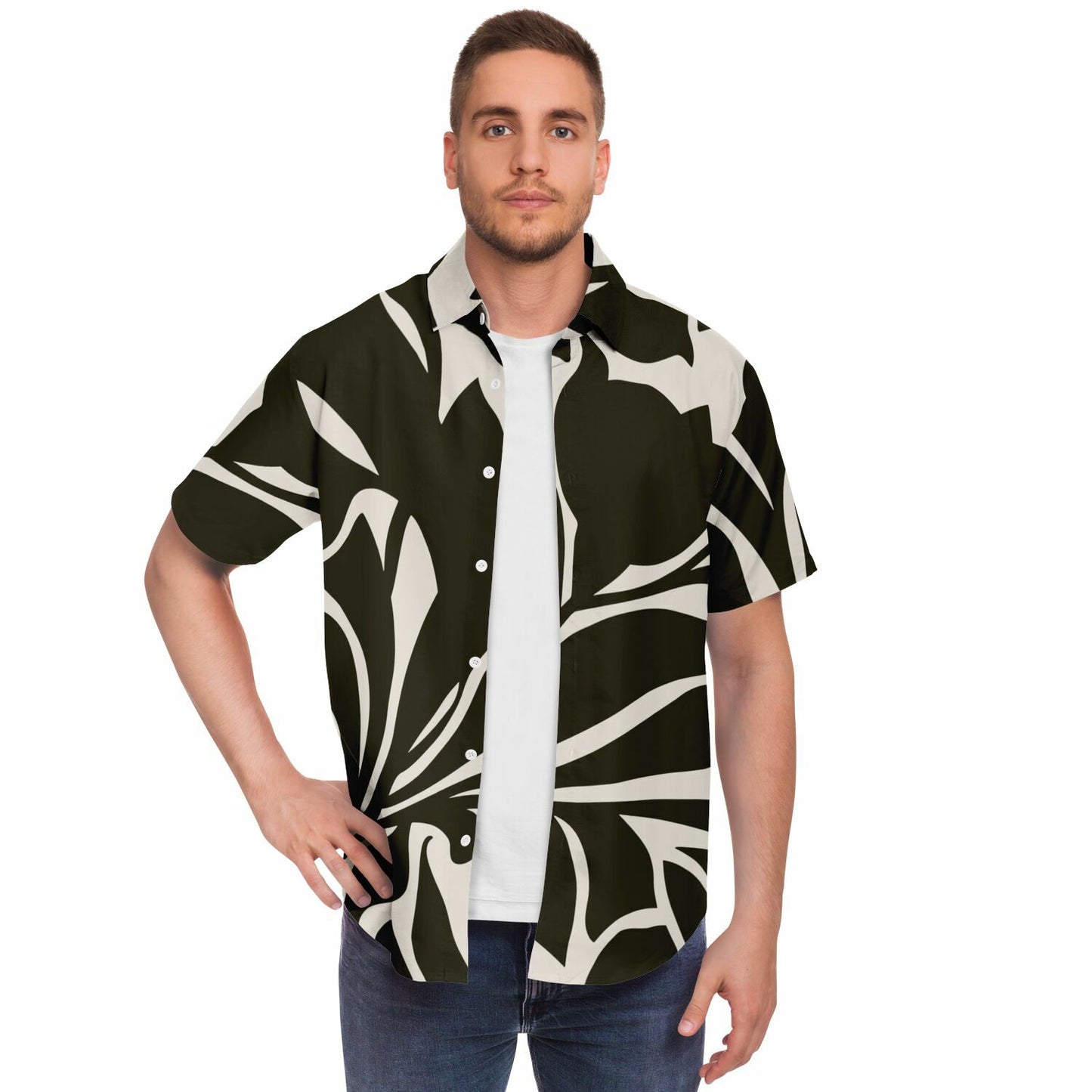 Black and White Leaves Pattern Short Sleeve Button Down Shirt - AOP