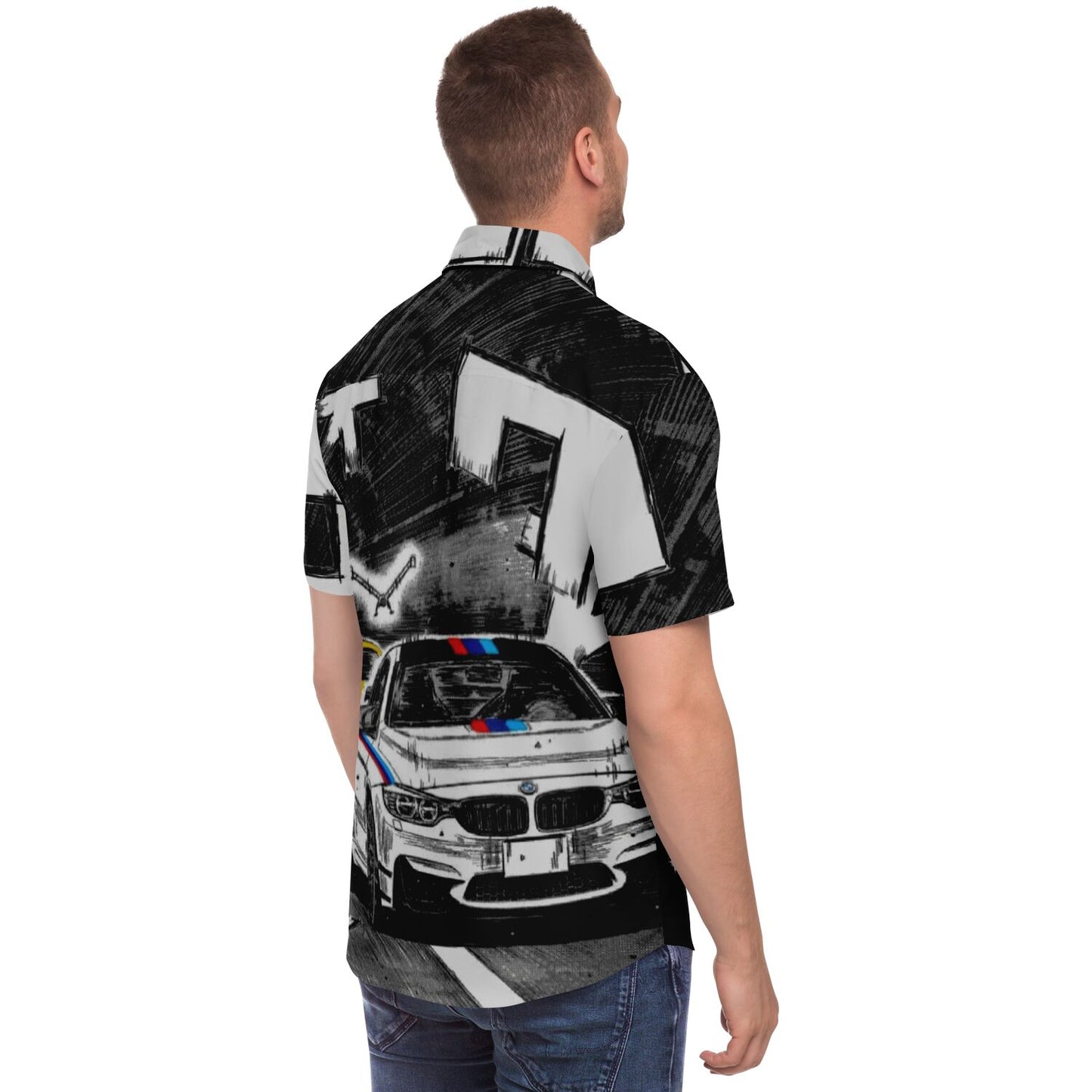 Bimmer Supra Illustration Short Sleeve Button Down Shirt - AOP