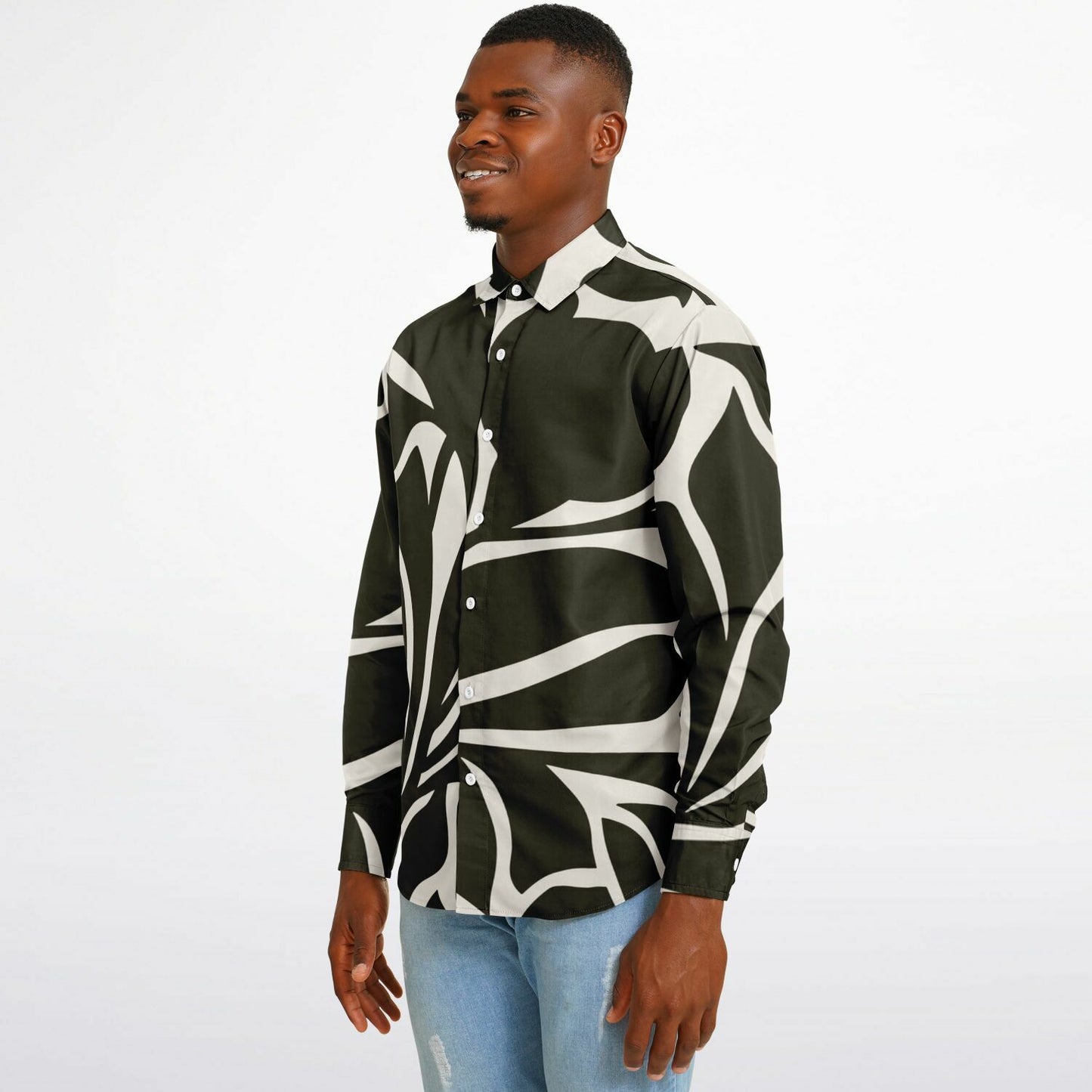 Black and White Leaves Pattern Long Sleeve Button Down Shirt - AOP