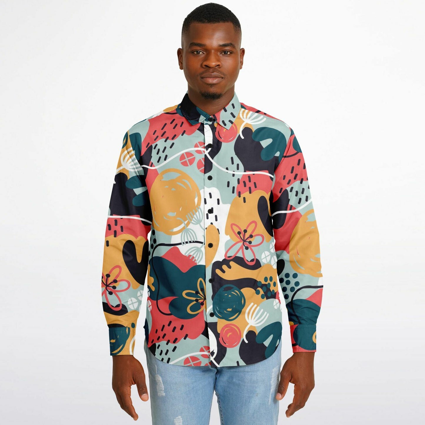 Abstract Pattern Long Sleeve Button Down Shirt - AOP