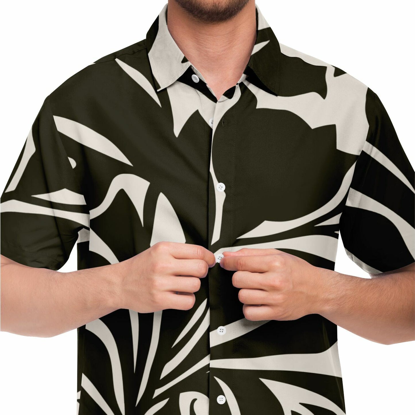 Black and White Leaves Pattern Short Sleeve Button Down Shirt - AOP