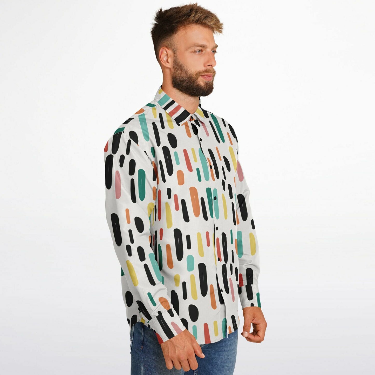 Colored Brush Strokes Long Sleeve Button Down Shirt - AOP