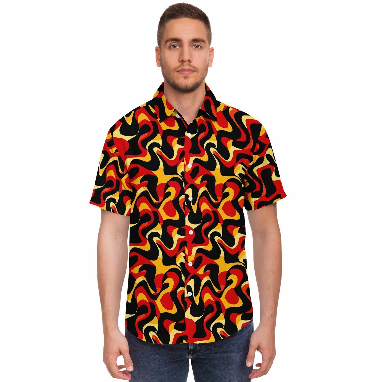 Orange Yellow Abstract Pattern Short Sleeve Button Down Shirt - AOP