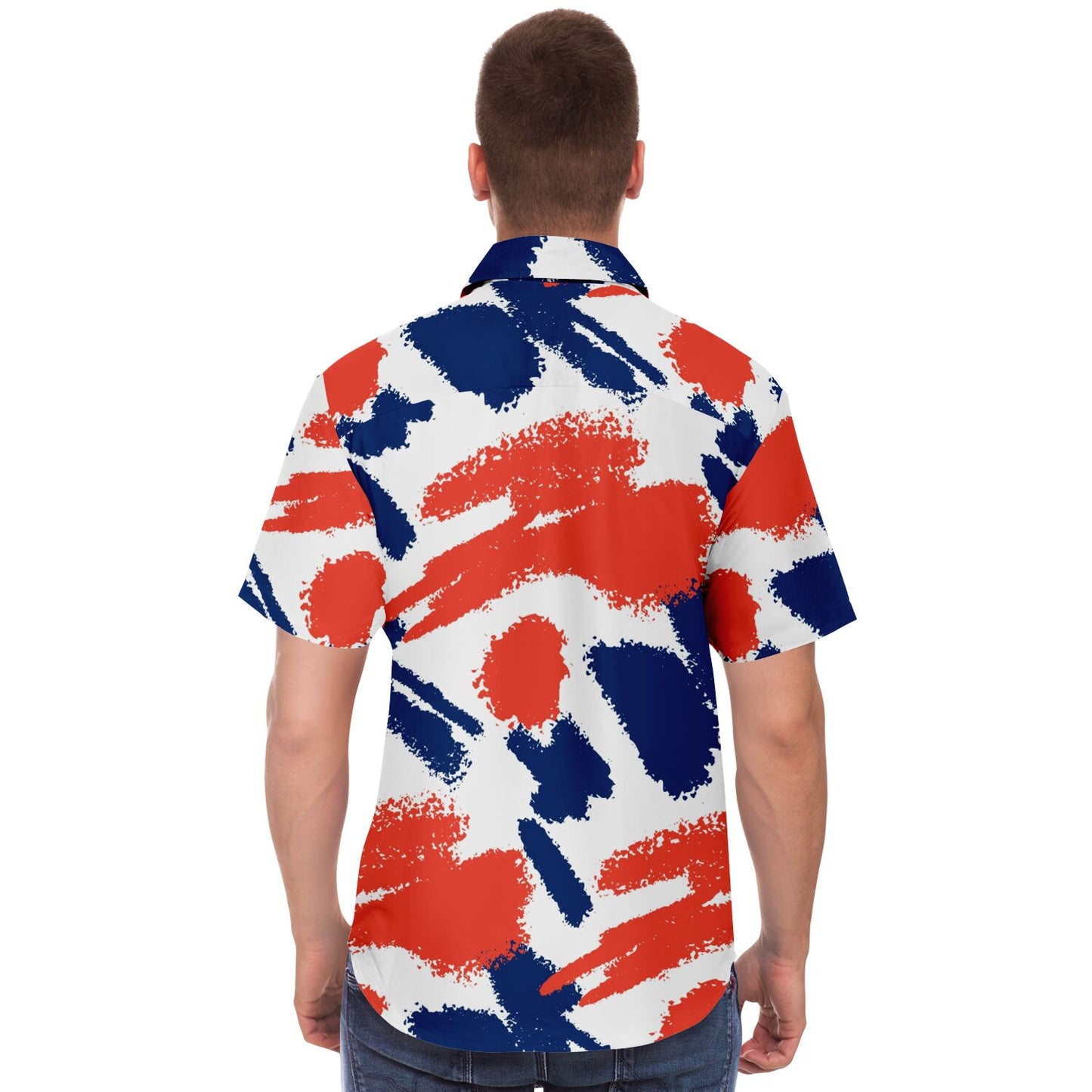 Red Blue Brushstroke Short Sleeve Button Down Shirt - AOP