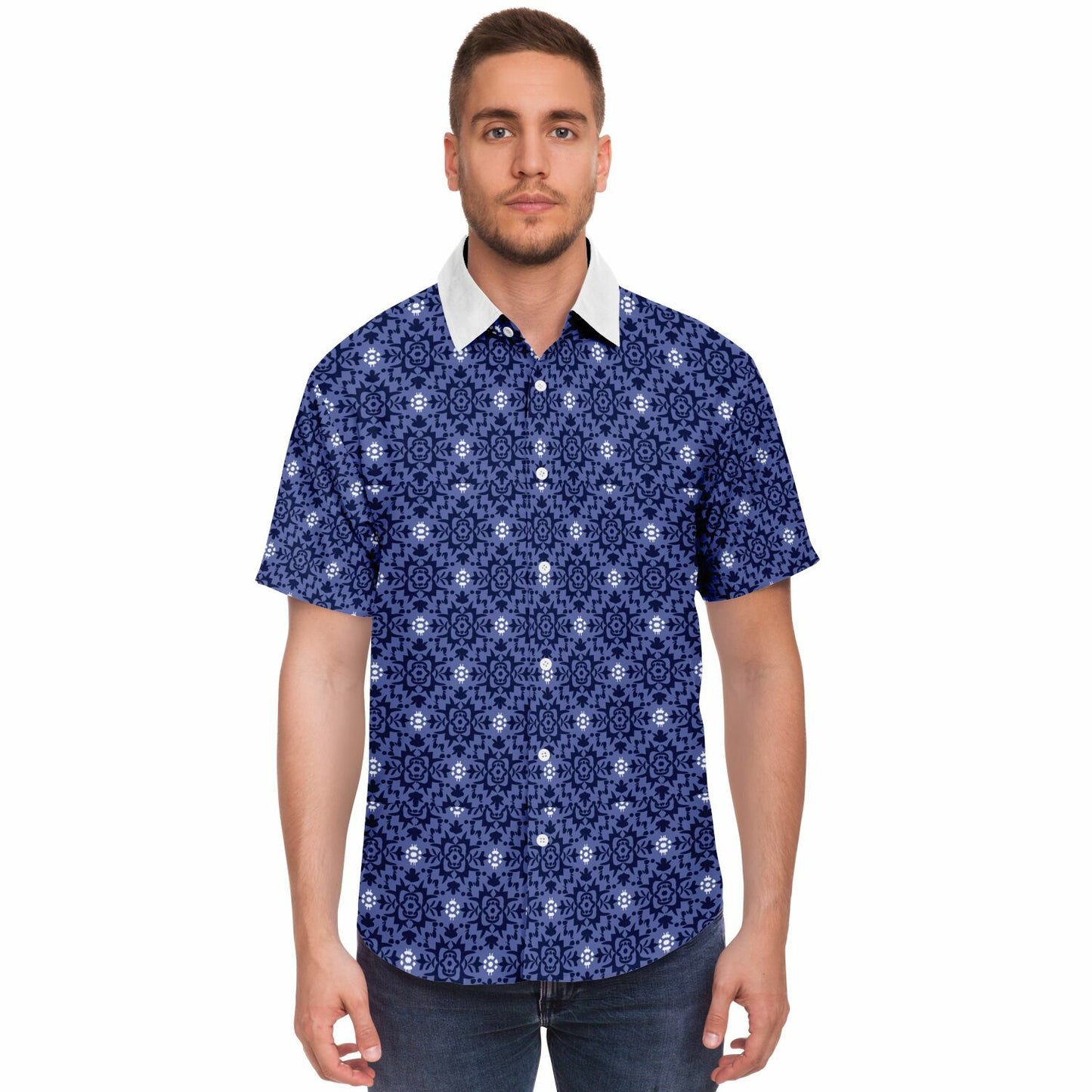 Purple Floral Seamless Pattern Short Sleeve Button Down Shirt - AOP