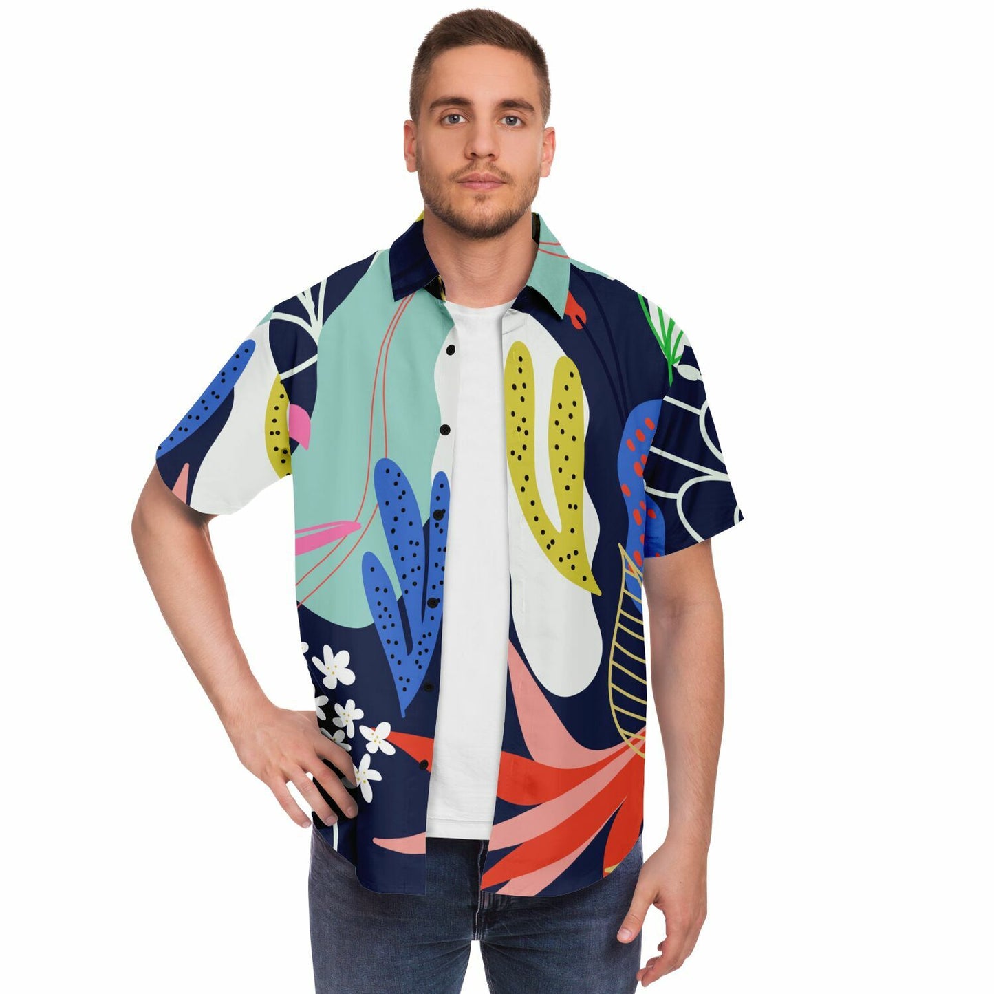 Floral Garden Hand Drawing Short Sleeve Button Down Shirt - AOP