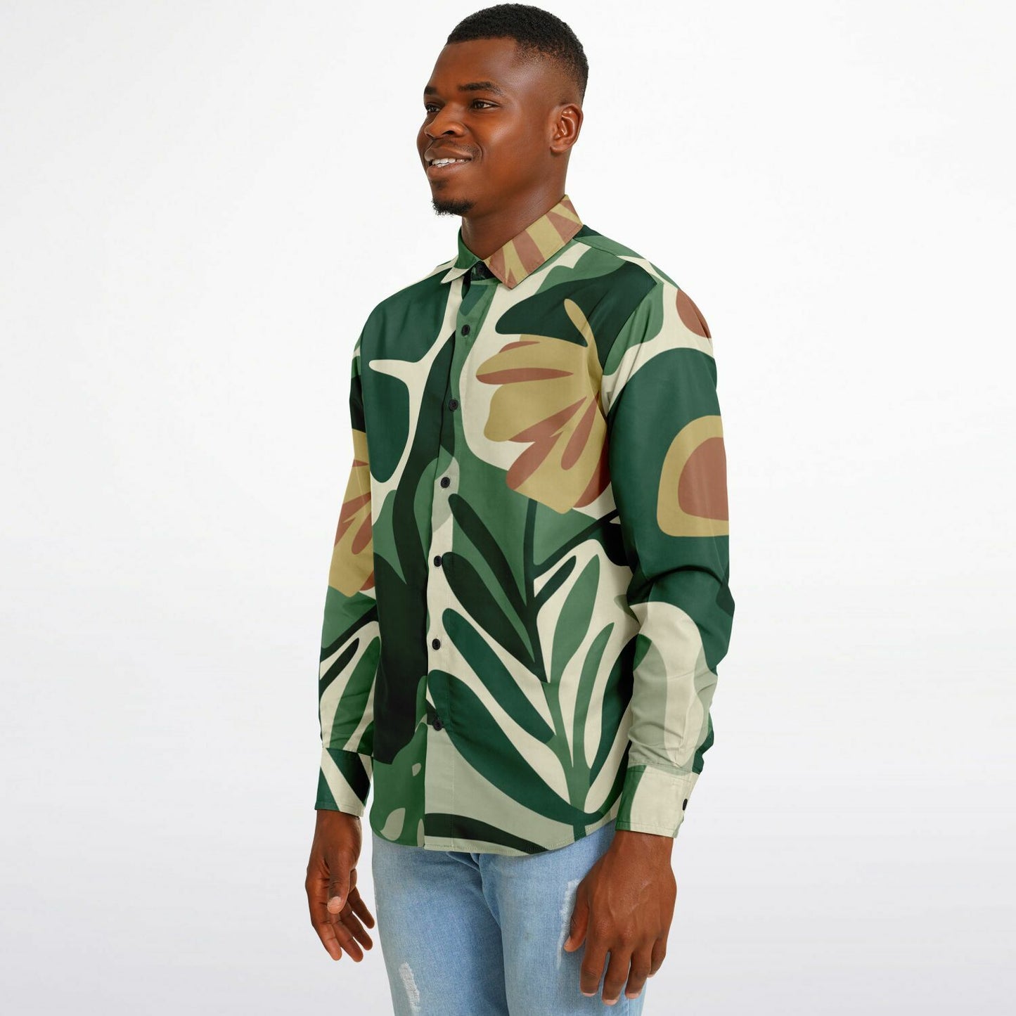 Floral Pattern Long Sleeve Button Down Shirt - AOP