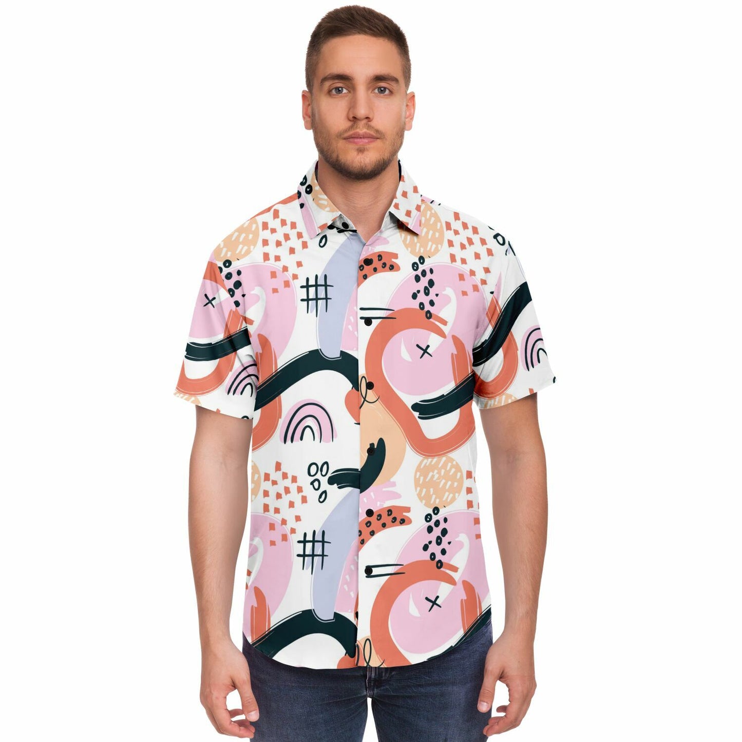 Abstract Art Hand Drawn Short Sleeve Button Down Shirt - AOP