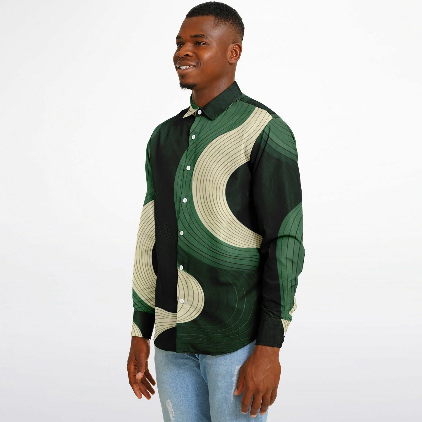 Royal Green Waves Pattern Long Sleeve Button Down Shirt - AOP