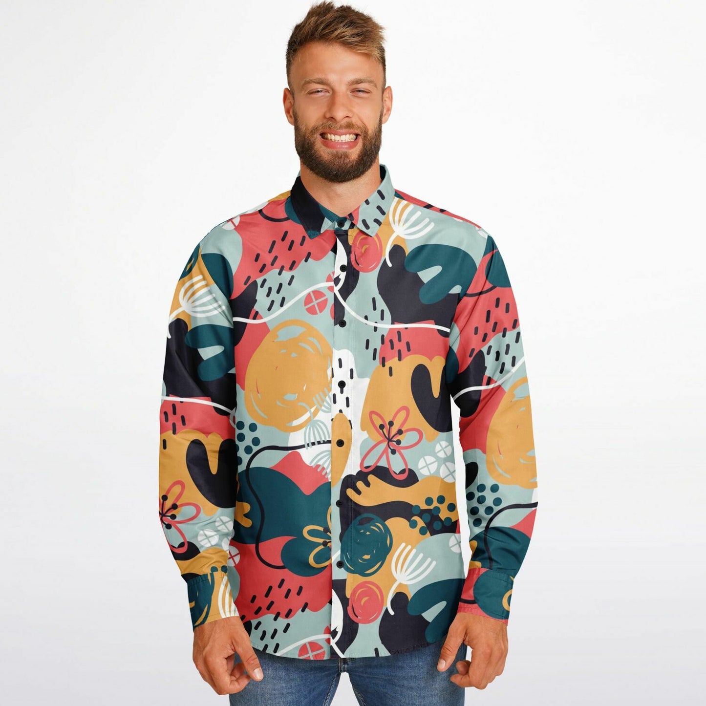 Abstract Pattern Long Sleeve Button Down Shirt - AOP