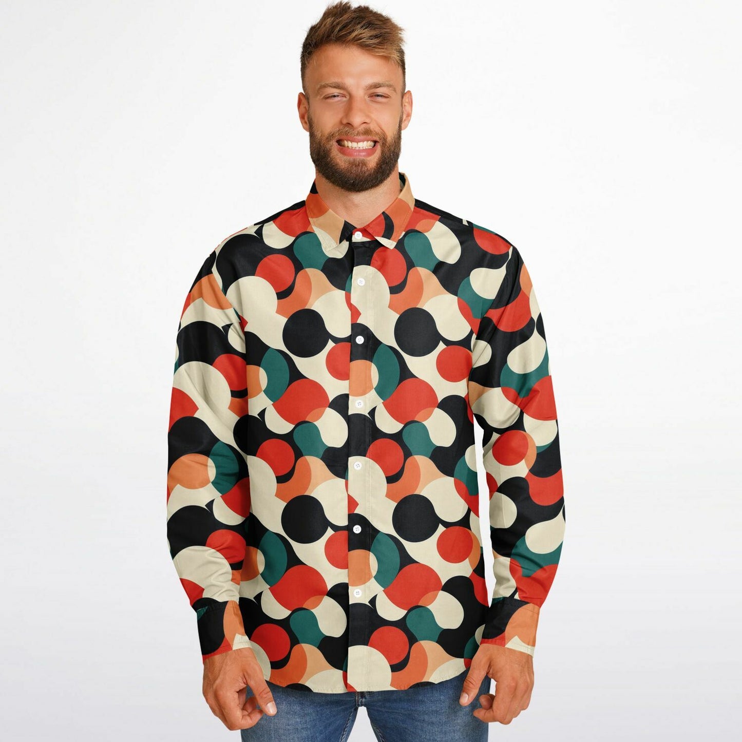 Abstract Colored Pattern Long Sleeve Button Down Shirt - AOP