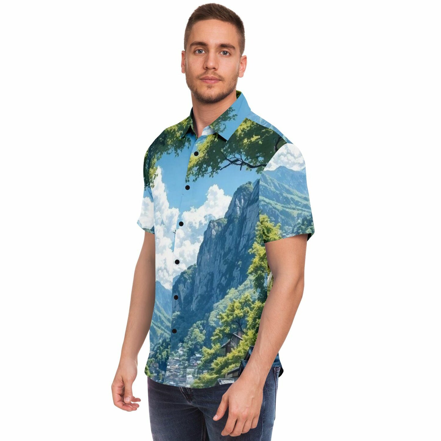 GTR in Japanese Mountains Short Sleeve Button Down Shirt - AOP