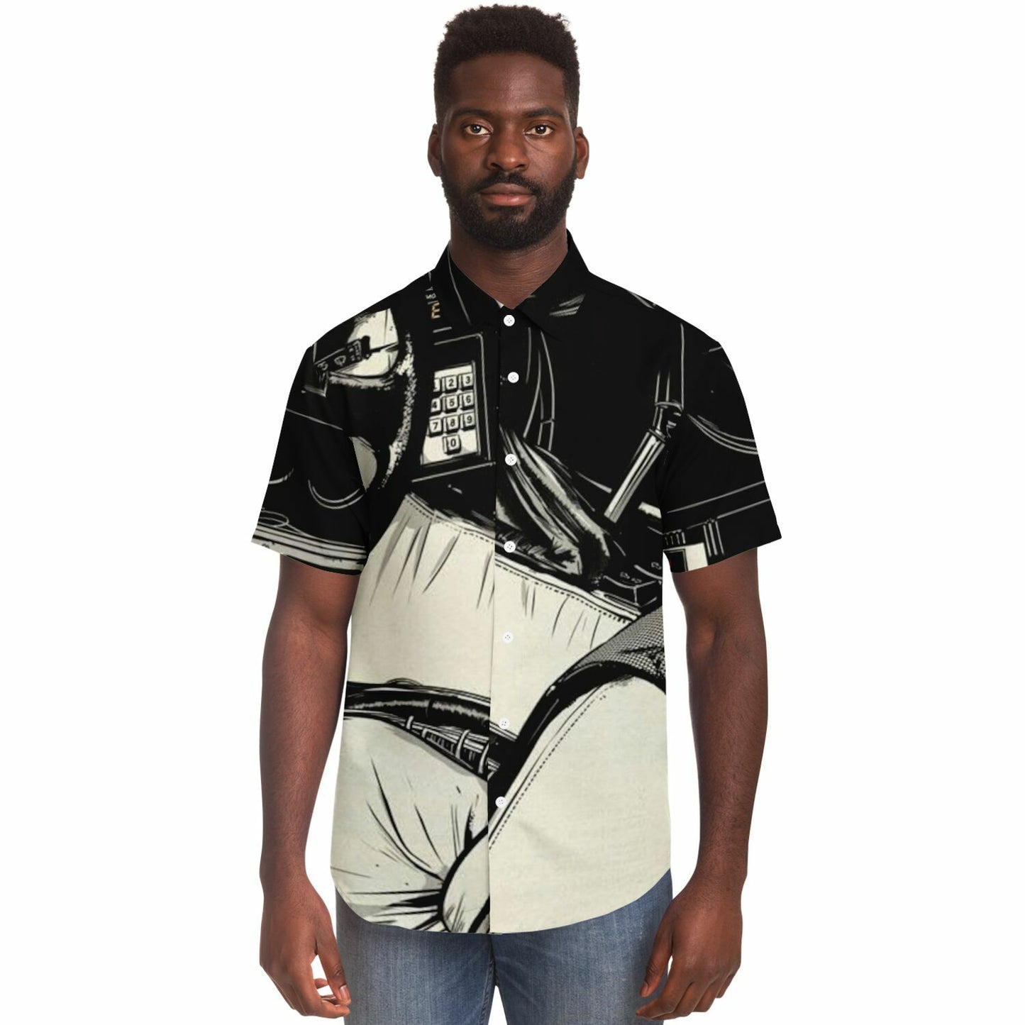 Delorean Time Machine Illustration Short Sleeve Button Down Shirt - AOP