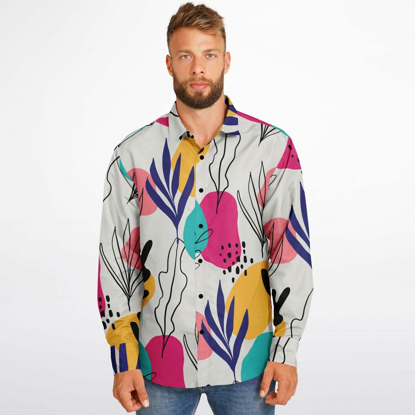 Abstract Floral Colored Pattern Long Sleeve Button Down Shirt - AOP