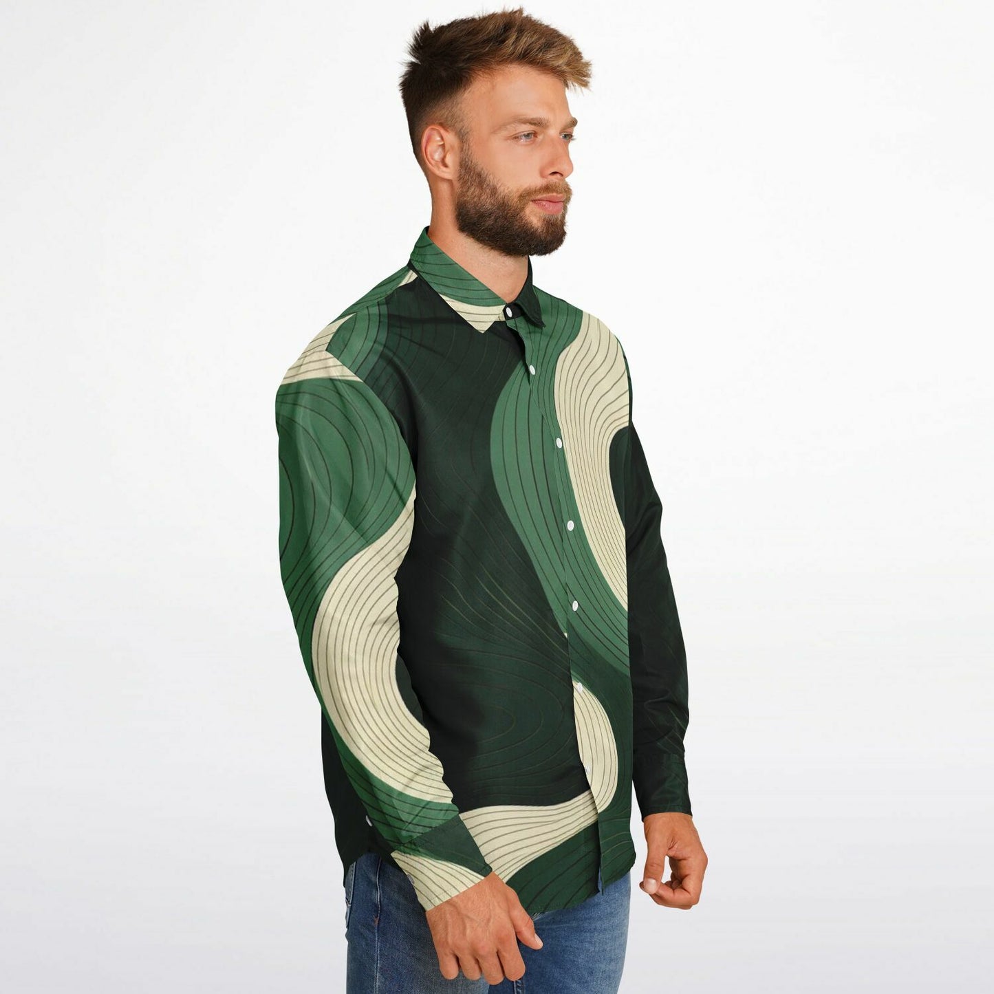 Royal Green Waves Pattern Long Sleeve Button Down Shirt - AOP