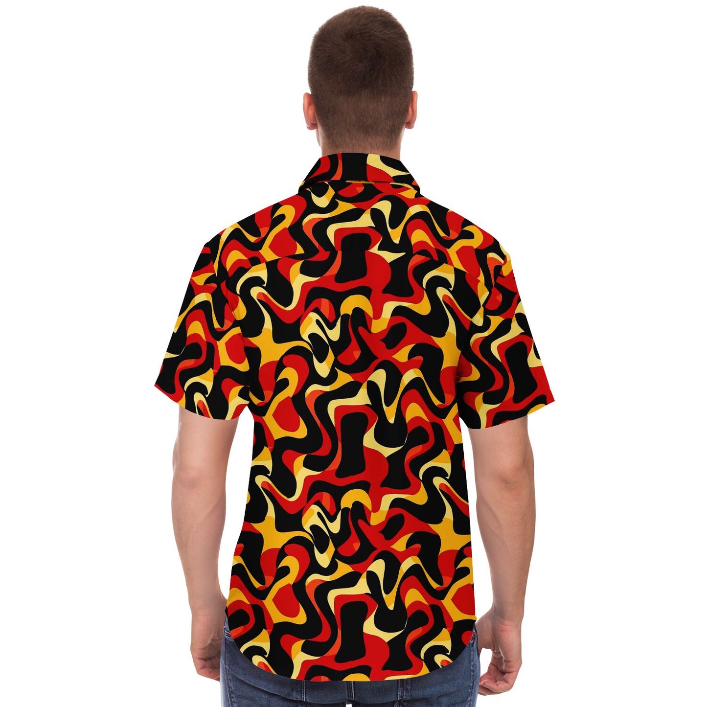 Orange Yellow Abstract Pattern Short Sleeve Button Down Shirt - AOP