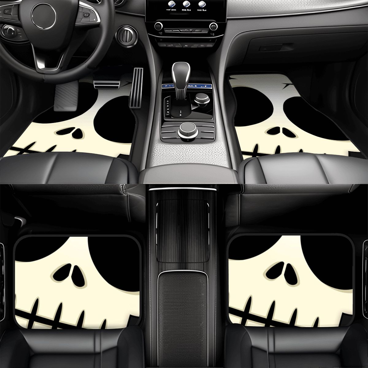 Car interior with skull patterned floor mats on a black background