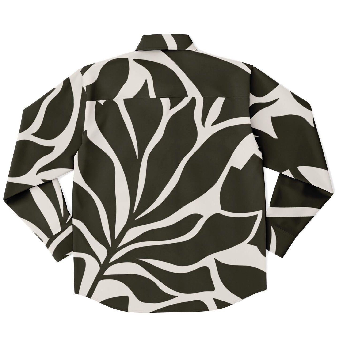 Black and White Leaves Pattern Long Sleeve Button Down Shirt - AOP