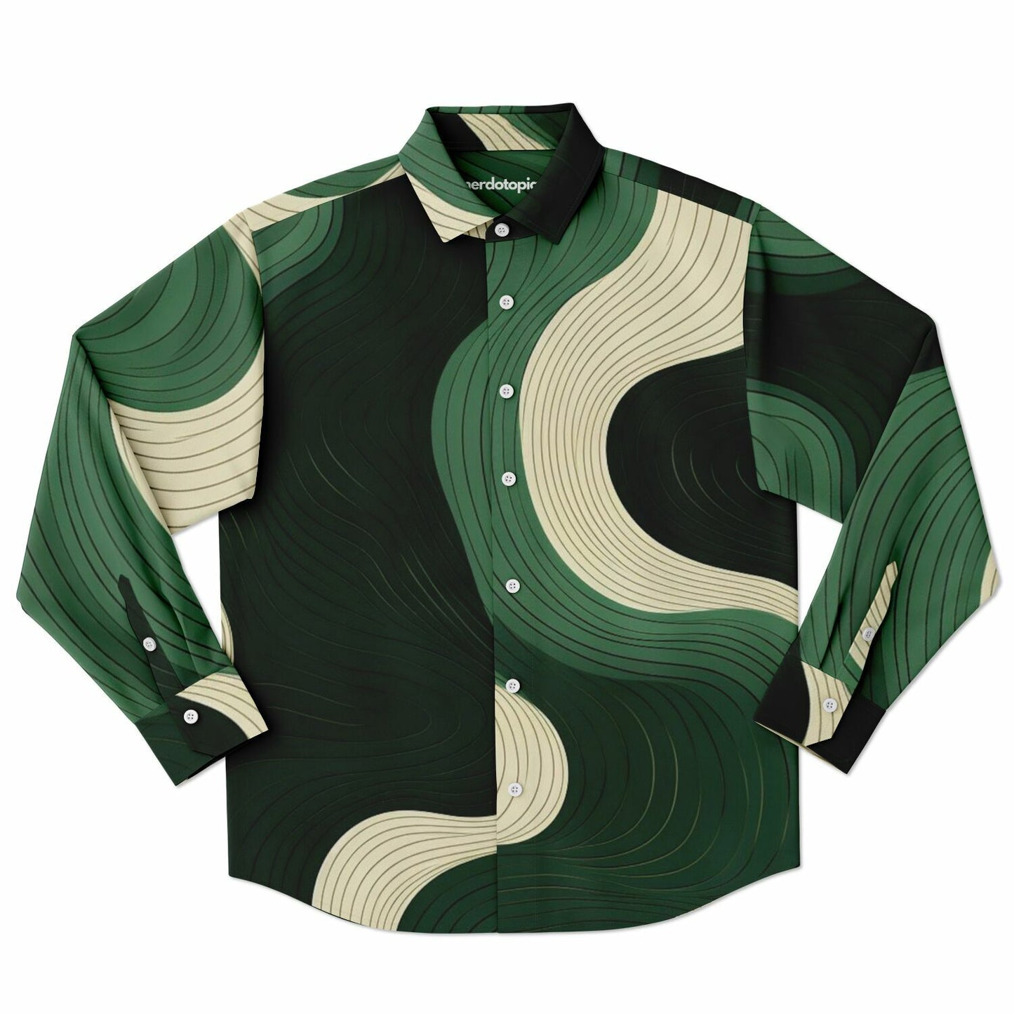 Royal Green Waves Pattern Long Sleeve Button Down Shirt - AOP