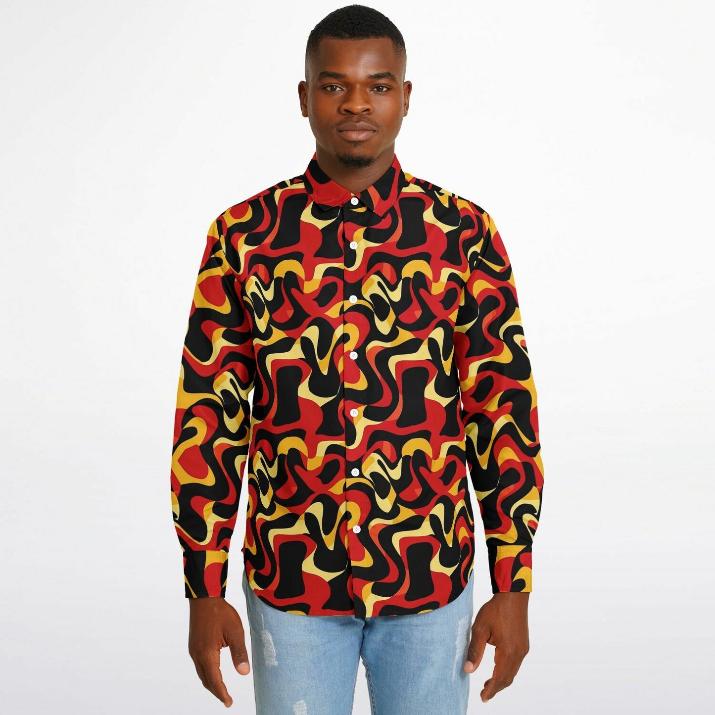 Orange Yellow Abstract Pattern Long Sleeve Button Down Shirt - AOP