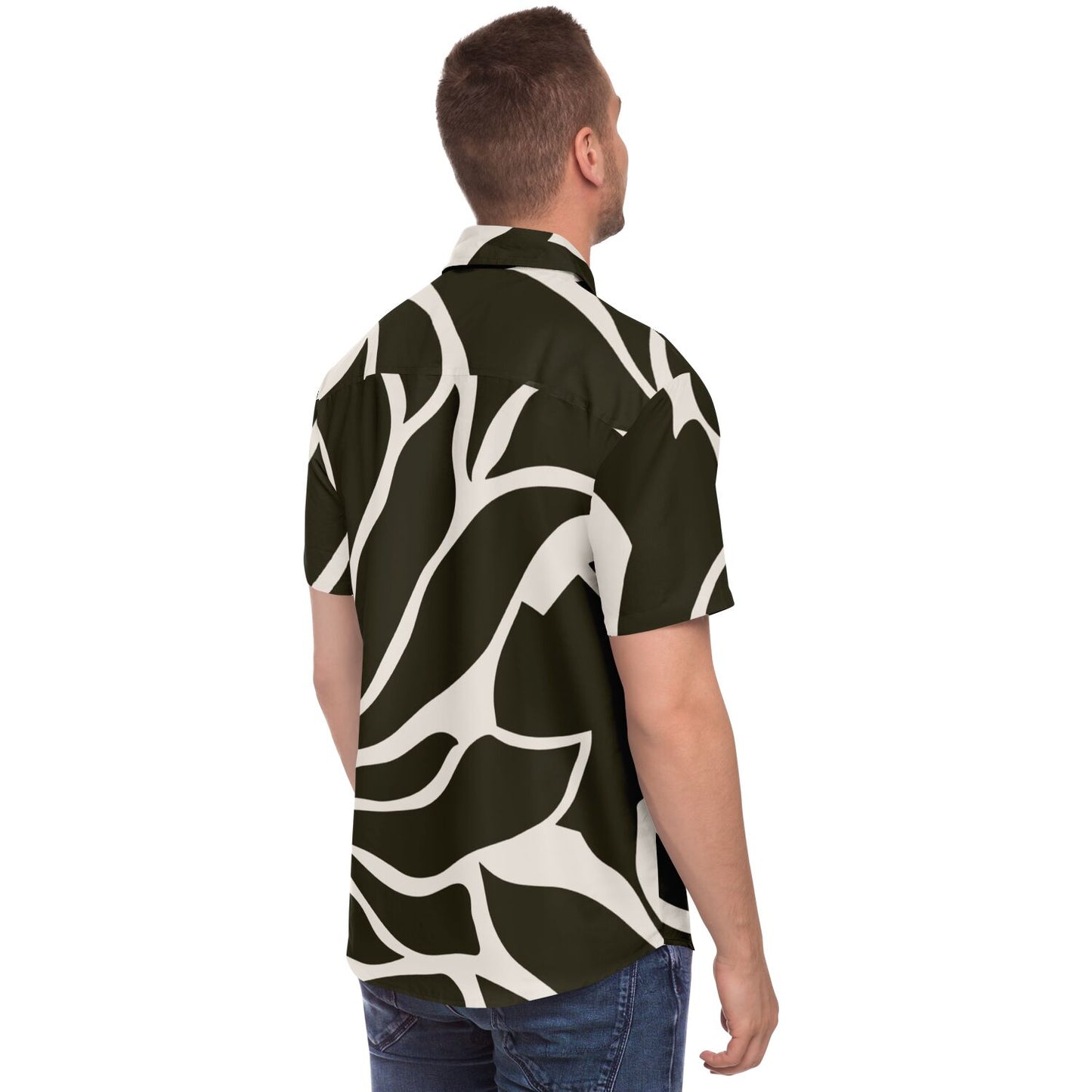 Black and White Leaves Pattern Short Sleeve Button Down Shirt - AOP