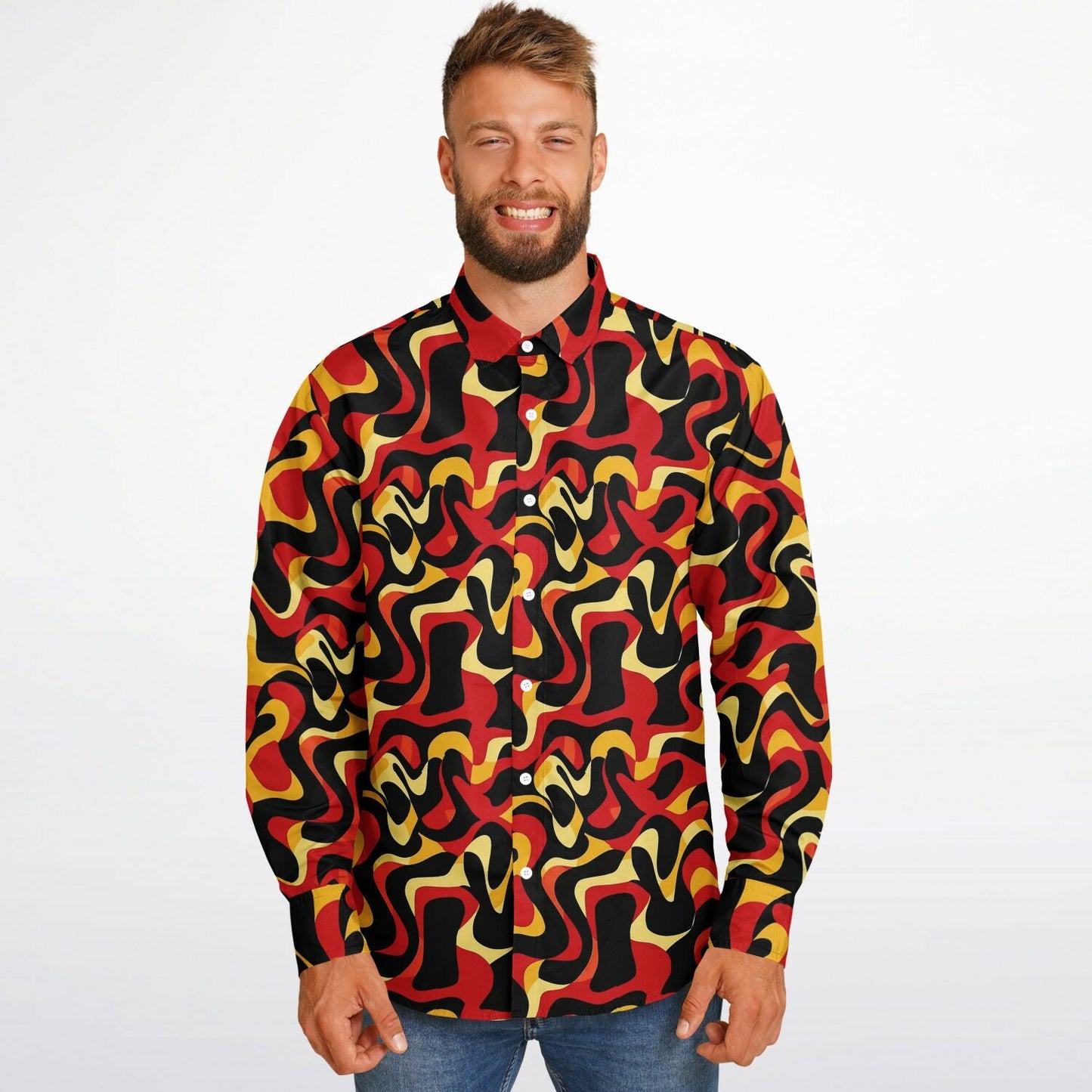 Orange Yellow Abstract Pattern Long Sleeve Button Down Shirt - AOP