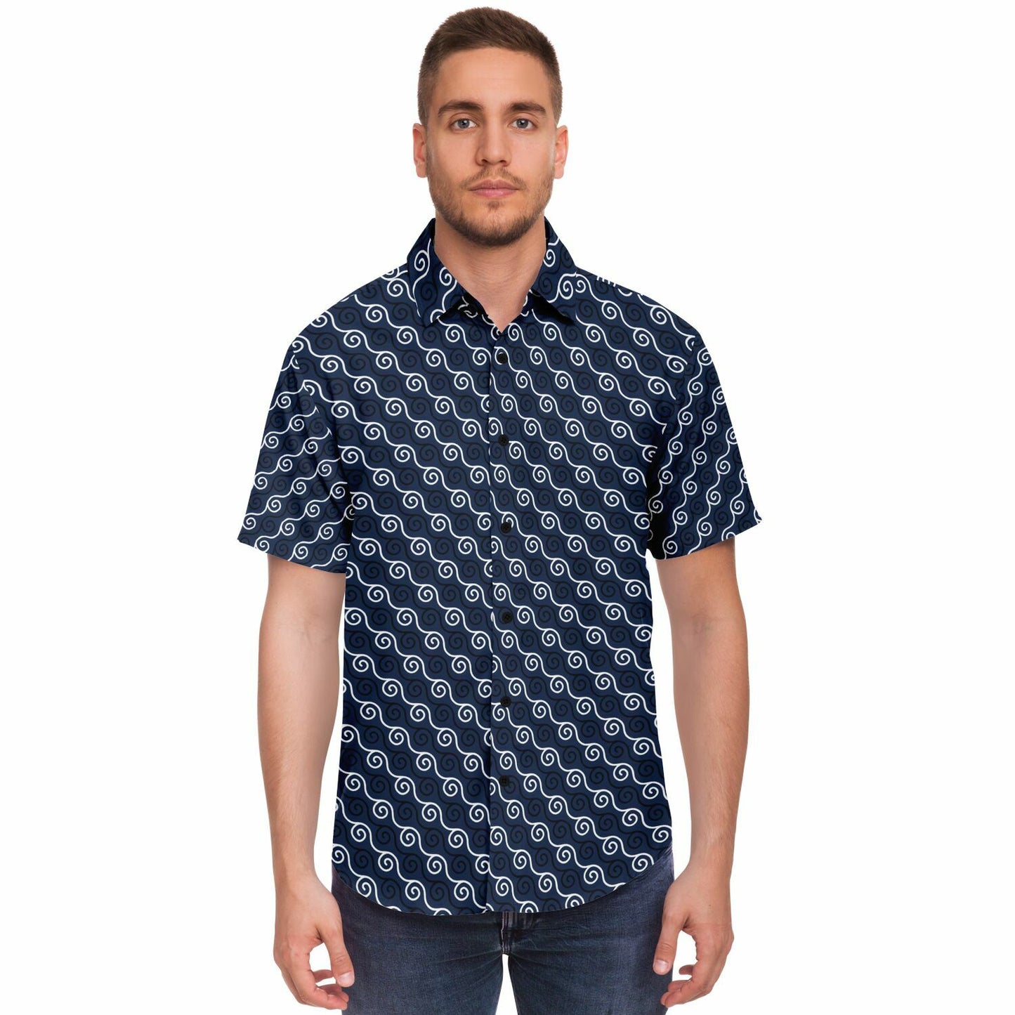 Linen Texture Print Short Sleeve Button Down Shirt - AOP
