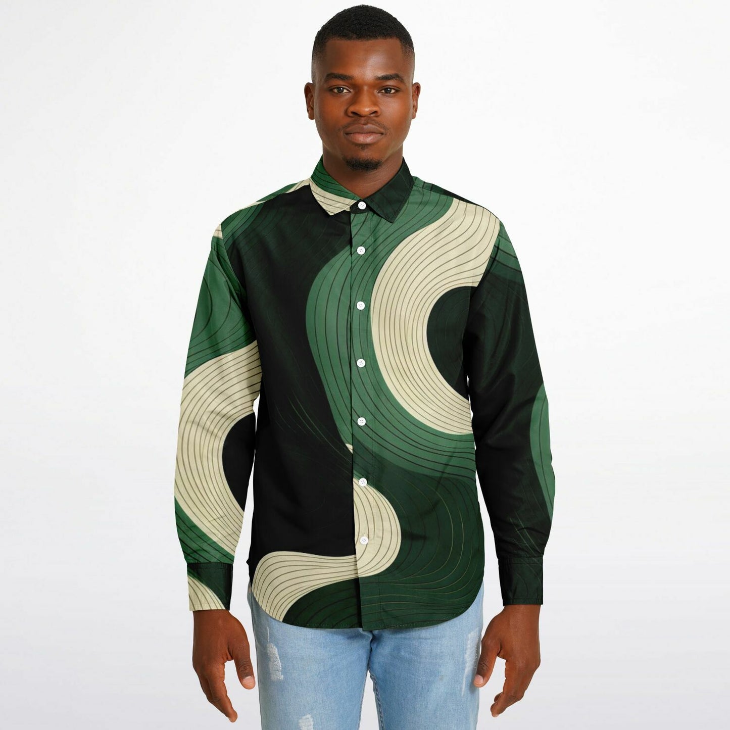 Royal Green Waves Pattern Long Sleeve Button Down Shirt - AOP