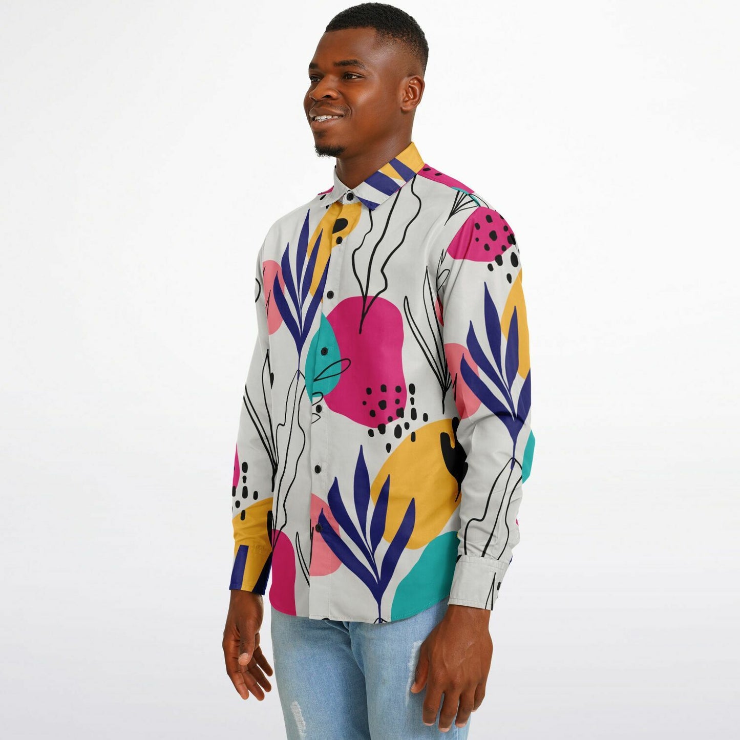 Abstract Floral Colored Pattern Long Sleeve Button Down Shirt - AOP
