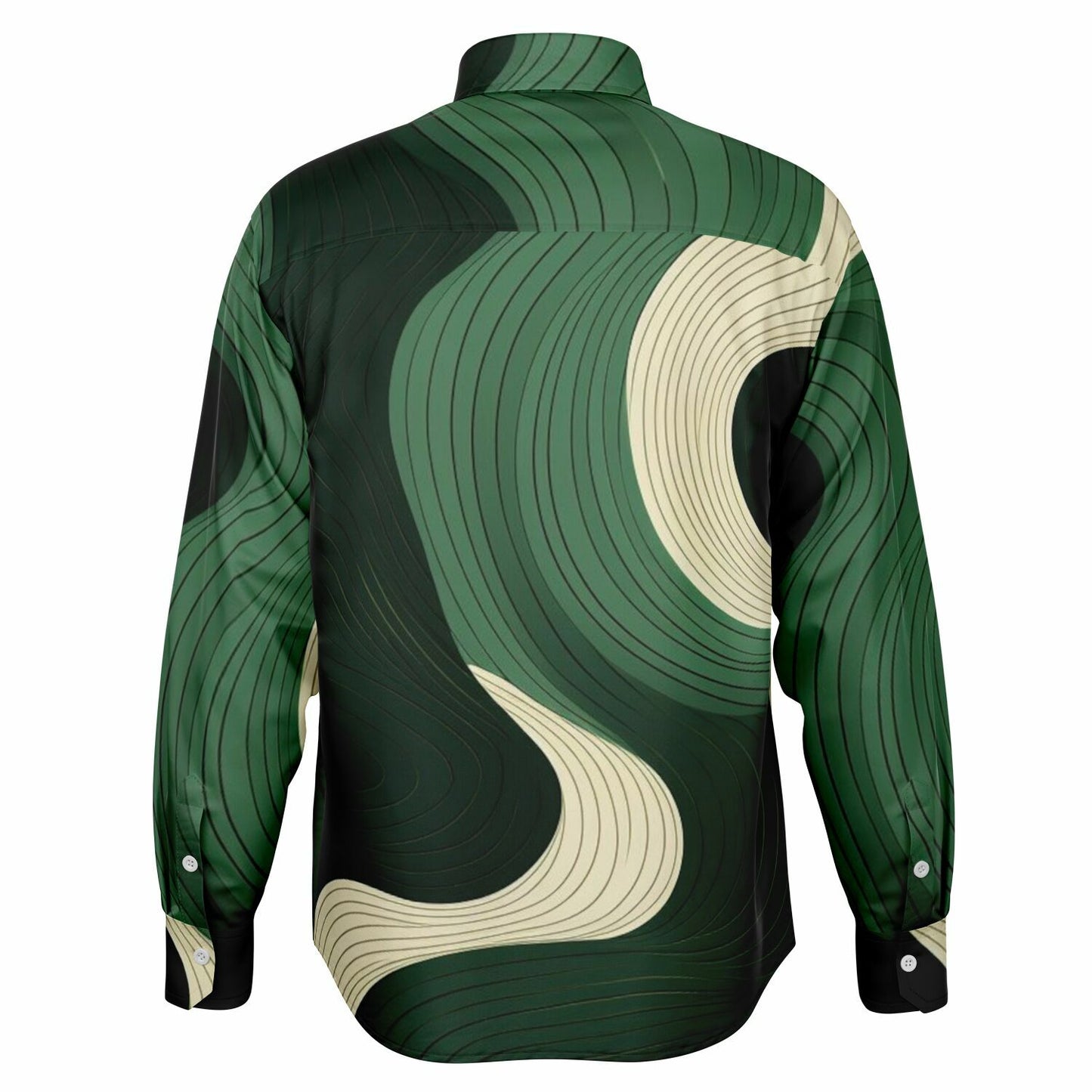 Royal Green Waves Pattern Long Sleeve Button Down Shirt - AOP