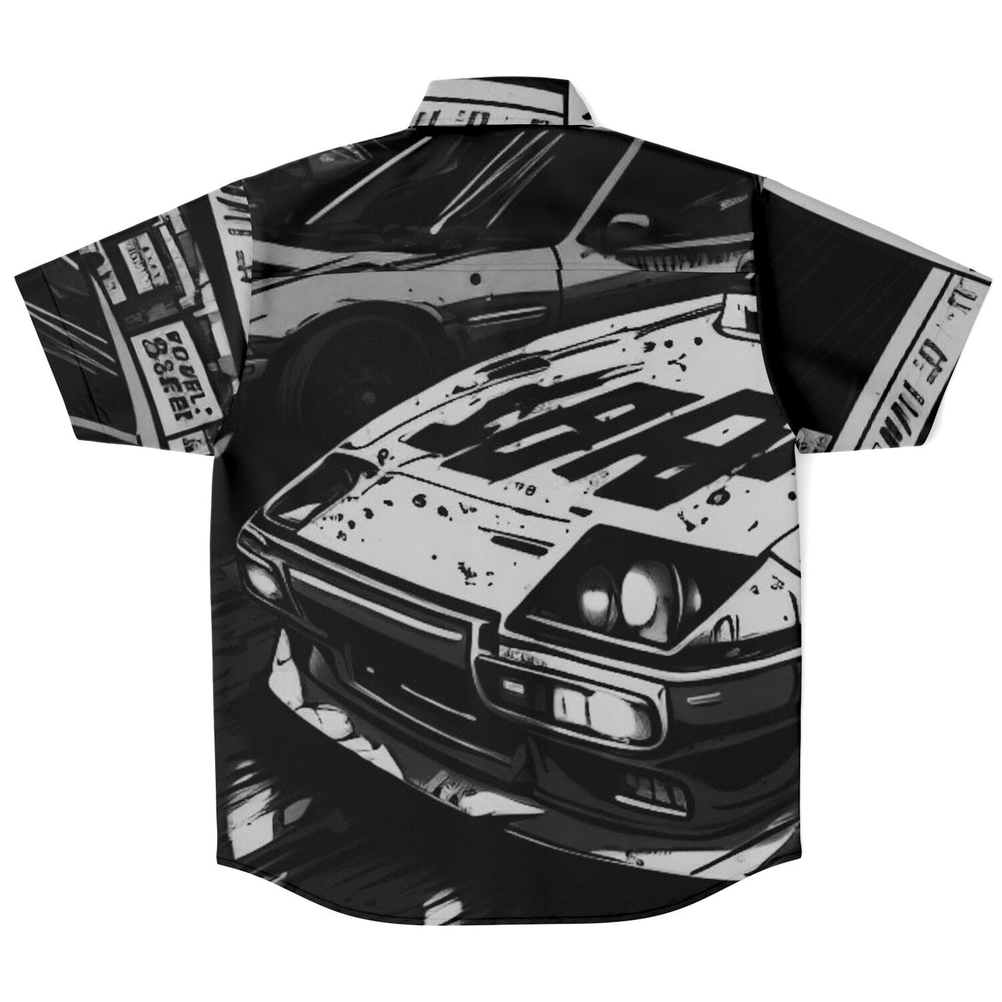 Black and White JDM Art Short Sleeve Button Down Shirt - AOP