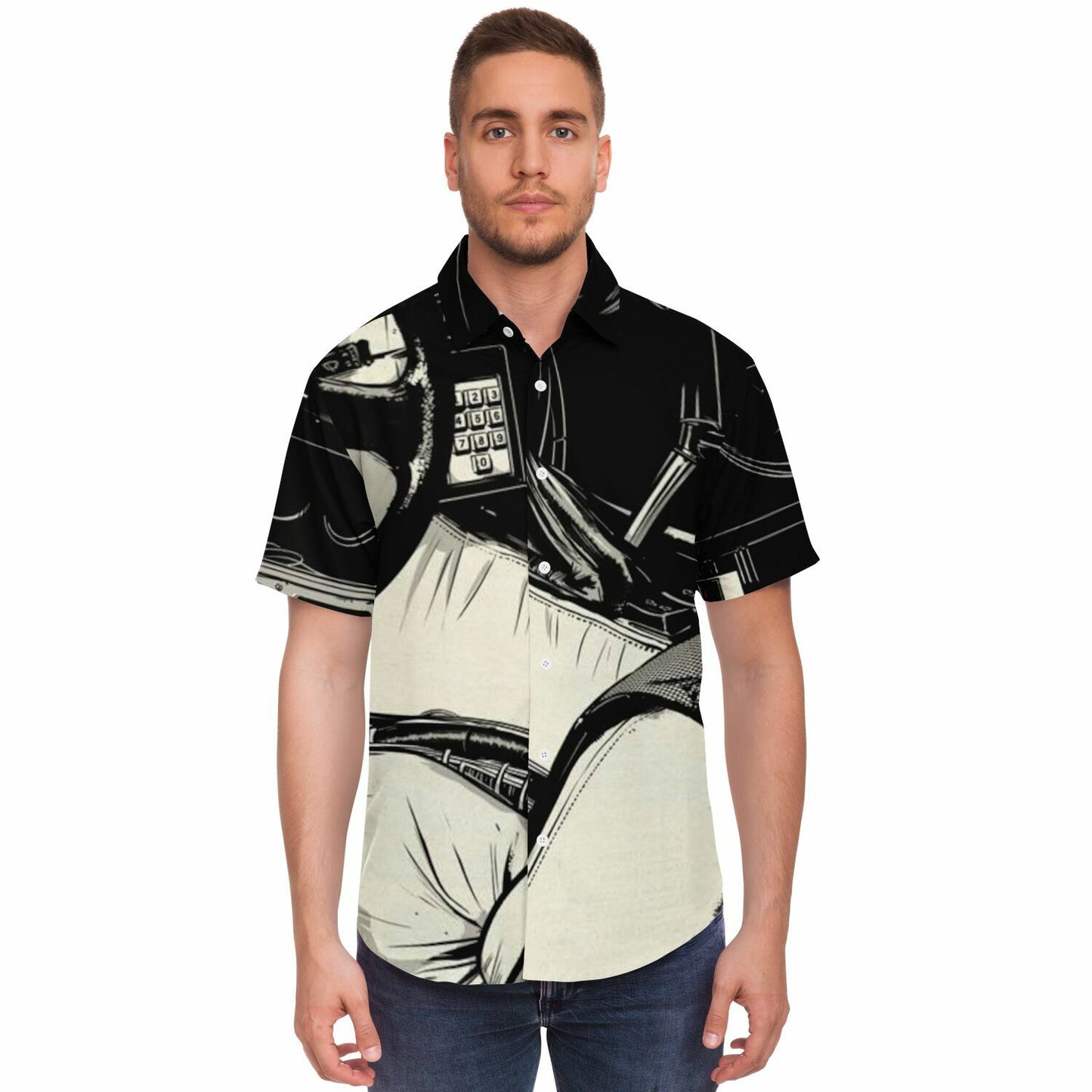 Delorean Time Machine Illustration Short Sleeve Button Down Shirt - AOP