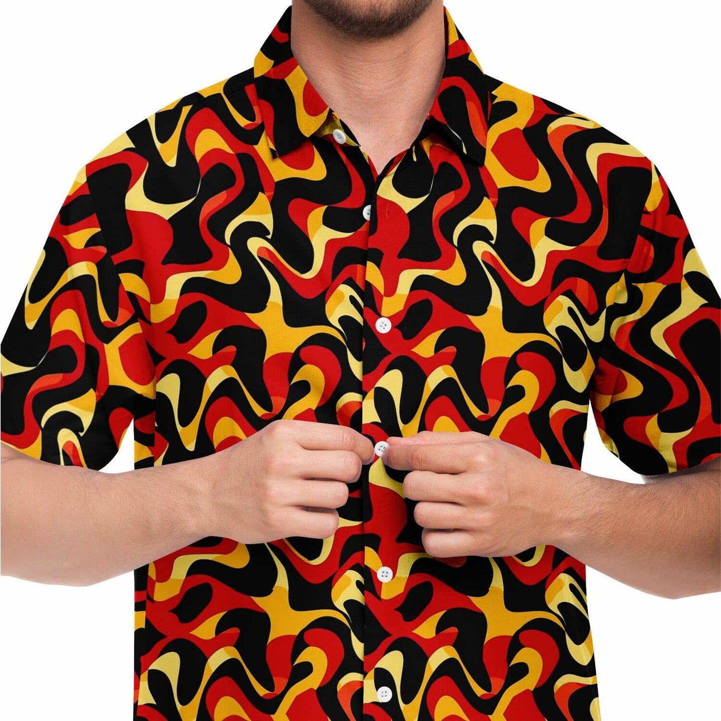 Orange Yellow Abstract Pattern Short Sleeve Button Down Shirt - AOP