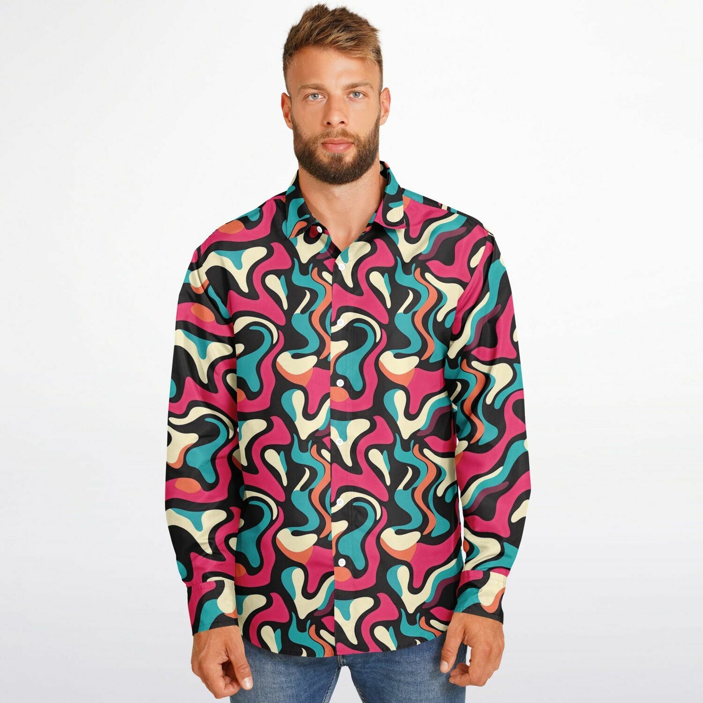 Red Blue Pattern Long Sleeve Button Down Shirt - AOP