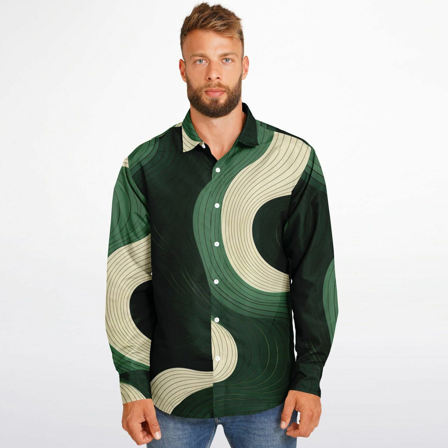 Royal Green Waves Pattern Long Sleeve Button Down Shirt - AOP