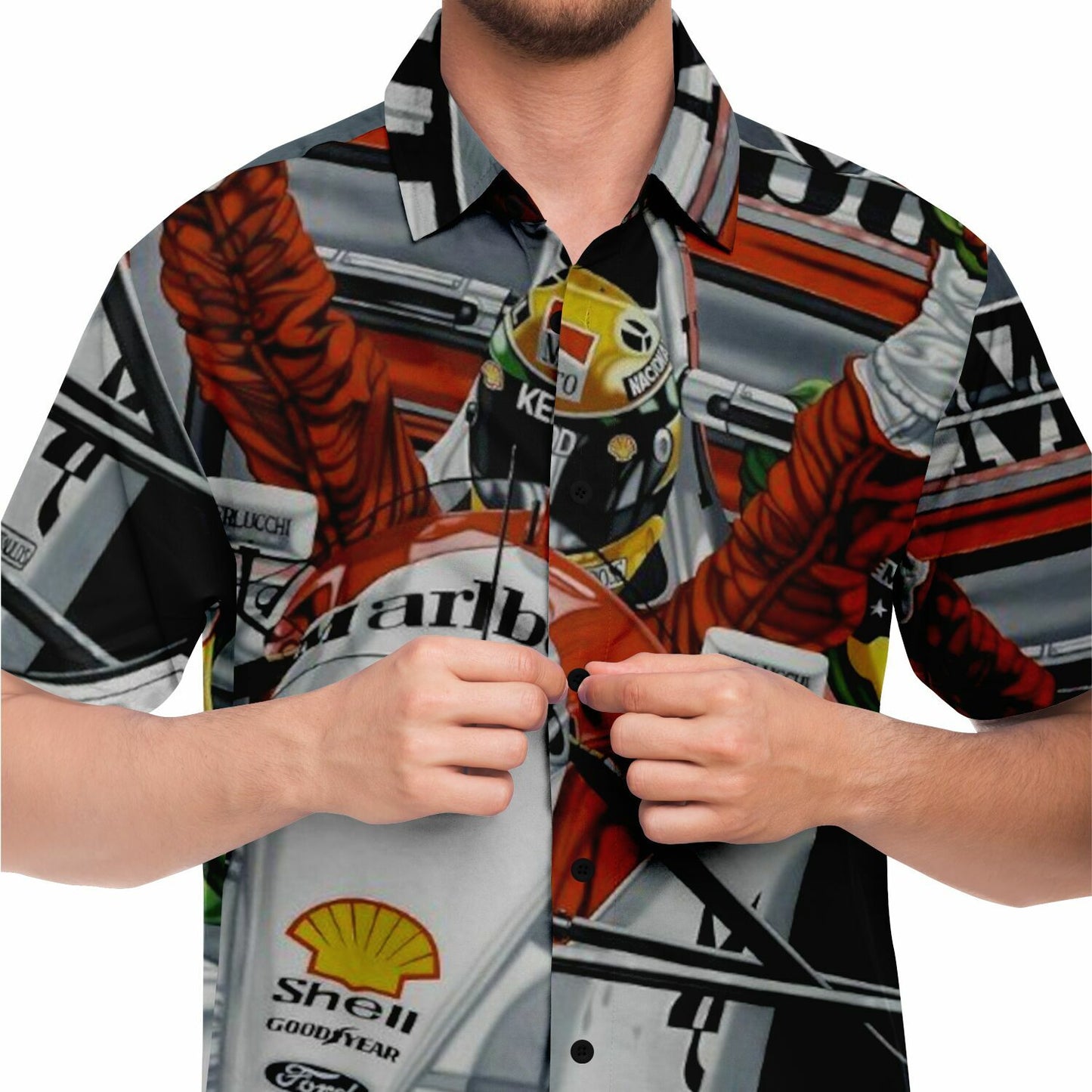 F1 Win Poster Short Sleeve Button Down Shirt - AOP