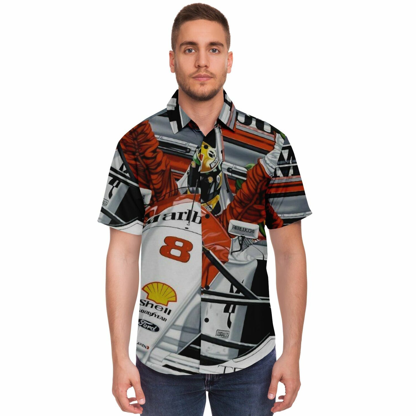 F1 Win Poster Short Sleeve Button Down Shirt - AOP