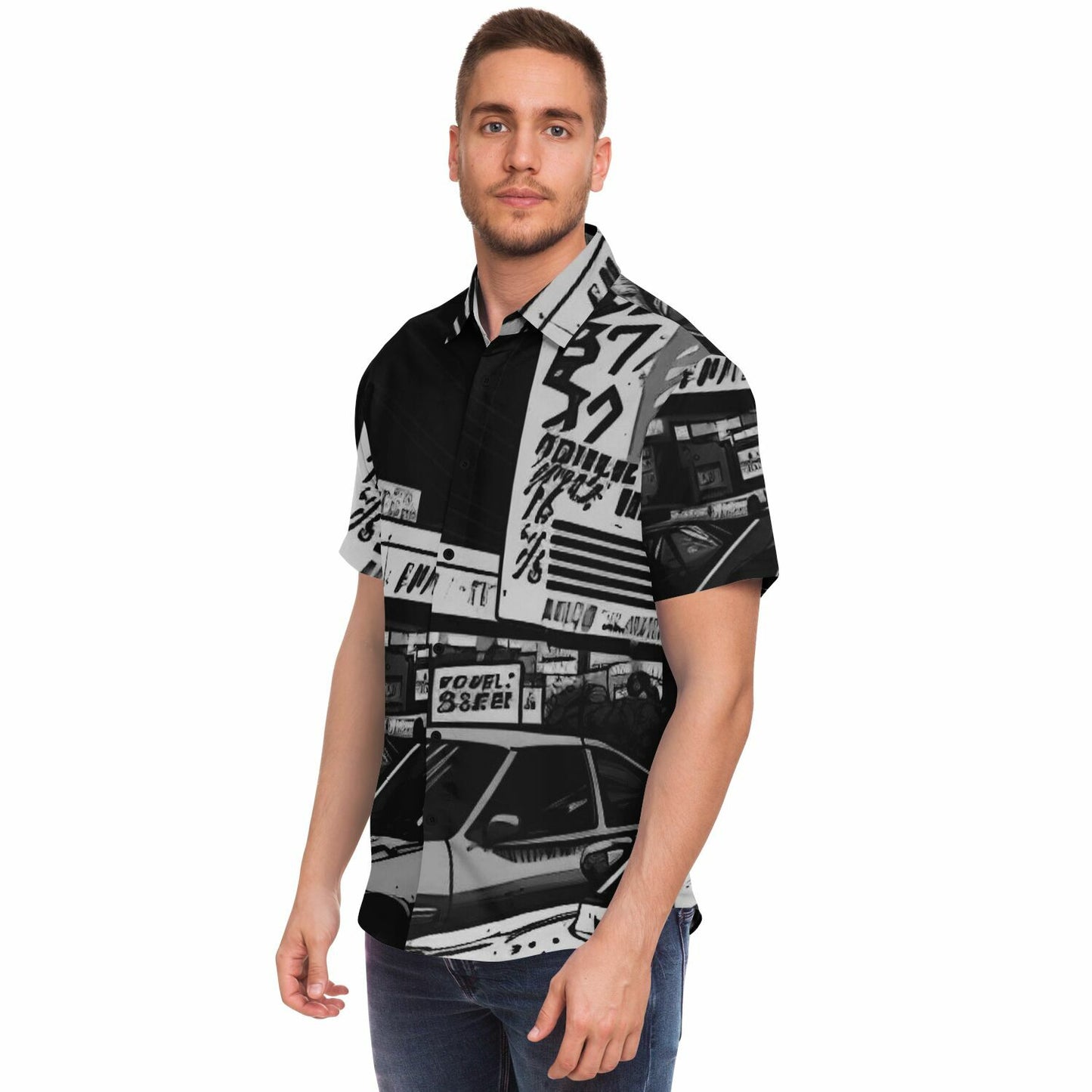 Black and White JDM Art Short Sleeve Button Down Shirt - AOP