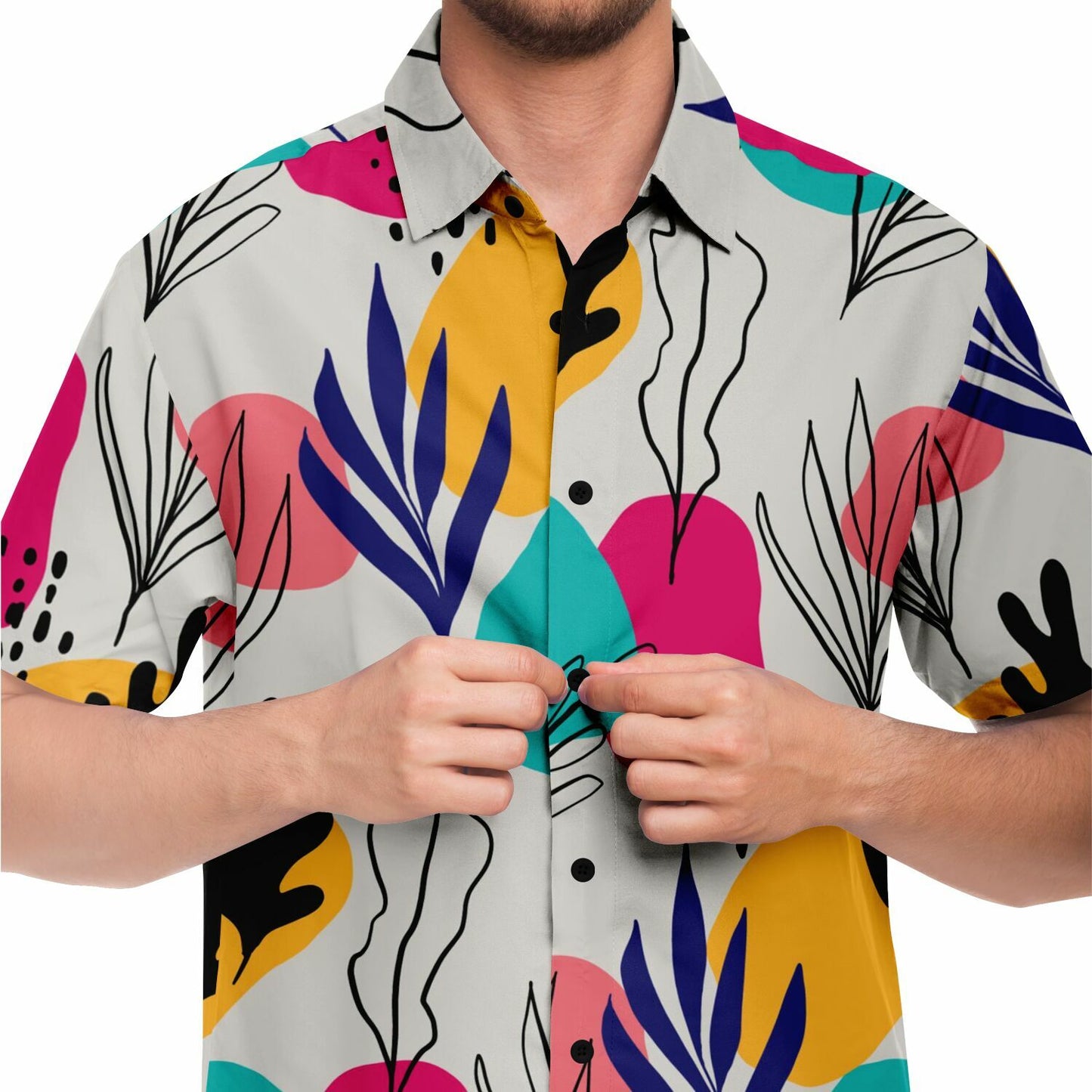 Abstract Floral Colored Pattern Short Sleeve Button Down Shirt - AOP